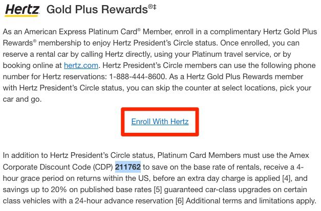 Hertz President's Circle status enrollment via Amex Platinum Card portal