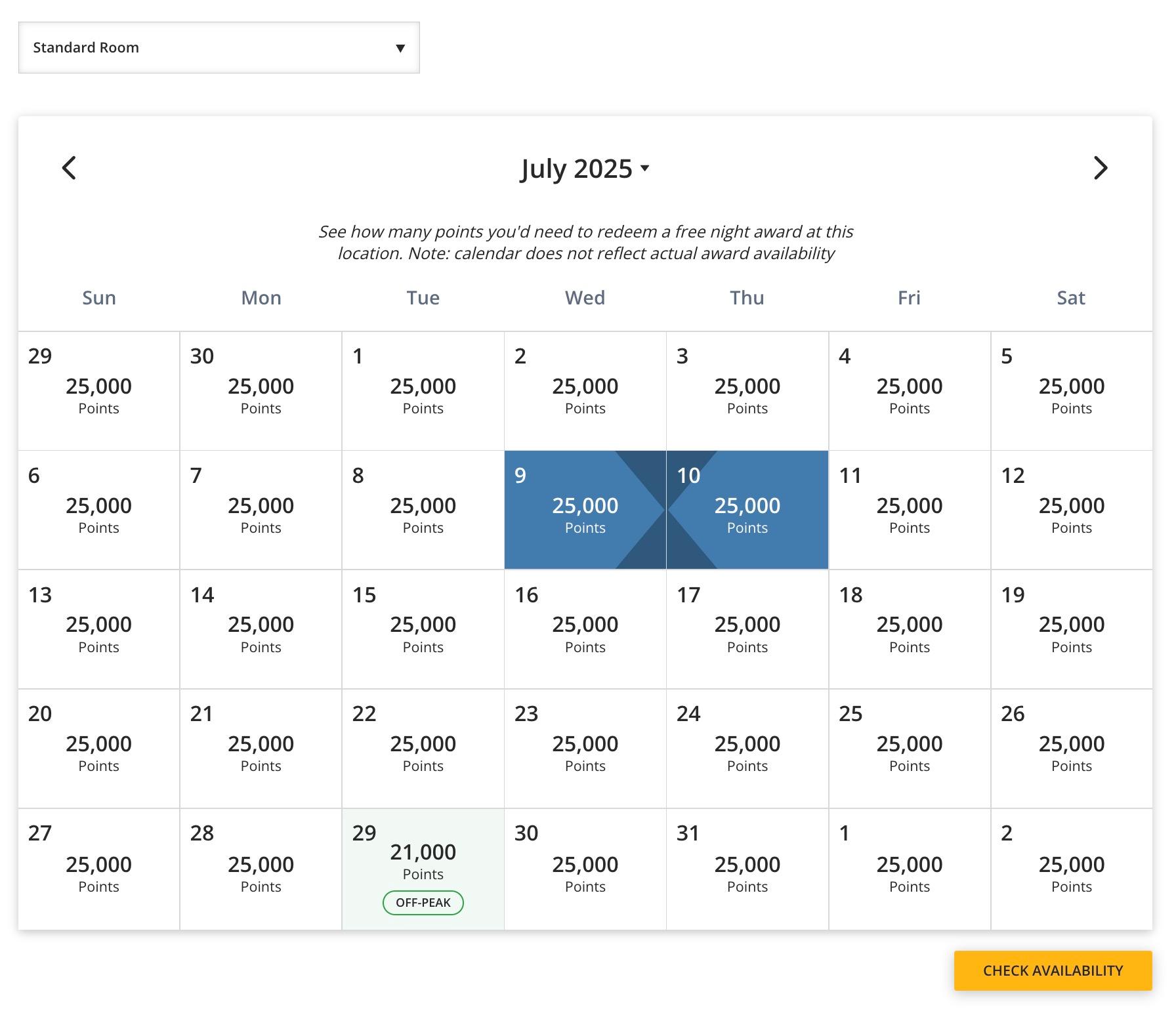 A calendar of rates to stay at a World of Hyatt hotel. 
